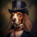 Dog(s) dressed in vintage proper clothing on master background setting.