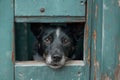 Curious Canine Peering Through a Wooden Hatch