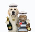 Dog sailor with wine hugs cat Royalty Free Stock Photo