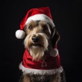 A dog in a Santa Claus hat is waiting for the Christmas