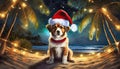 dog with santa hat on beach night christmas scene Royalty Free Stock Photo