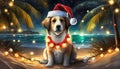 dog with santa hat on beach night christmas scene Royalty Free Stock Photo