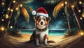 dog with santa hat on beach night christmas scene Royalty Free Stock Photo
