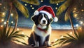dog with santa hat on beach night christmas scene Royalty Free Stock Photo