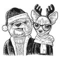 Dog Santa hug deer. Happy New Year lettering