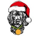Dog in Santa stocking hat, Santa Claus, Christmas symbol hand drawn vector illustration realistic sketch. Royalty Free Stock Photo