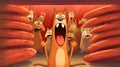 Dog and sausages. Cartoon dog with its mouth open in front of group of sausages. Ai Generative illustration, kids theme, food Royalty Free Stock Photo
