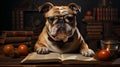 Dog schoolboy in glasses with a book