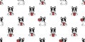 Dog seamless pattern Birthday gift box Christmas vector french bulldog Santa Claus hat scarf isolated cartoon repeat background ti