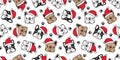 Dog seamless pattern Christmas vector french bulldog paw Santa Claus hat footprint scarf isolated cartoon repeat background tile w
