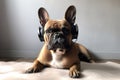 dog seated with its head tilted and ears perked, listening to music