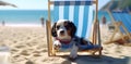 dog lazy summer pet vacation beach funny relax chair sunglasses. Generative AI. Royalty Free Stock Photo