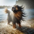 Dog shakes off the water after a play in the water