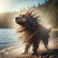 Dog shakes off the water after a play in the water