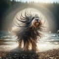 Dog shakes off the water after a play in the water