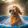 Dog shakes off the water after a play in the water