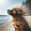 Dog shakes off the water after a play in the water