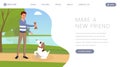 Dog shelter vector landing page template. Pet owner, volunteer playing with cute puppy outdoors cartoon character