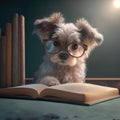 Dog shihtzu read book activity. Cute shihtzu wearing eyeglasses reading school book