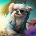 Dog shihtzu in summer attire costume. Summer shihtzu small breed dog wearing stylish hoodie