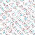 Dog shop seamless pattern with thin line icons: bags for transportation, feeders, toys, doors, dental hygiene, muzzle, snacks,