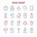 Dog shop thin line icons set: bags for transportation, feeders, toys, doors, dental hygiene, muzzle, snacks, hygienic bags, dry fo