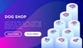 Dog shop web page template with thin isometric line icons: bags for transportation, feeders, toys, doors, dental hygiene, muzzle,