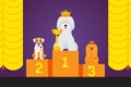 Dog show award, cute pet winner, animal grooming competition podium, vector illustration