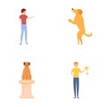 Dog show icons set cartoon vector. Pet owner with cup happy with his dog