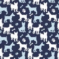 Dog silhouette seamless pattern. Winter animal design surface texture about dogs. Vector illustration shape on dark blue Royalty Free Stock Photo