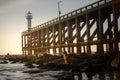 A dog silhouetted against a setting sun near a lighthouse. Royalty Free Stock Photo