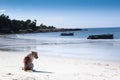 One dog sit down on beach white sand and enjoy Royalty Free Stock Photo