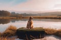 Dog sit near river. Generate Ai