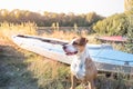 A dog sits in front of canoe boats in beautiful evening light. Royalty Free Stock Photo