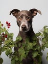 dog sits in a relaxed pose amongst lush green foliage against a plain white background