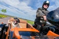 Dog sits with sunglasses in a motorcycle sidecar Royalty Free Stock Photo