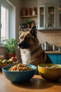 Curious German Shepherd Dog Looks Longingly at Delicious Bowls of Food in Kitchen Royalty Free Stock Photo