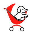 Dog sitter logo in drawing style on white background for highlight. Walking pet in carriage icon vector isolated element