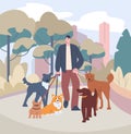 Dog sitter, volunteer walking with dogs on nature. Walker pets in city park, work or social service man. Pet care Royalty Free Stock Photo