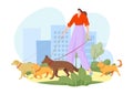 Dog sitter, walk with pet animal, vector illustration, outdoor care service for puppy, flat woman character hold leash Royalty Free Stock Photo