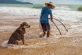 A dog sitting on the beach near fisherman