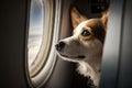 dog, sitting in cockpit of plane, peering out window