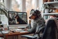 A dog is sitting at a desk in front of a computer monitor Royalty Free Stock Photo