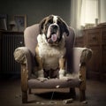 dog sitting in a destroyed ripped chair in a living room. pet and damaged furniture