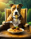 A dog sitting down and eating a large bowl of spaghetti and meatballs.