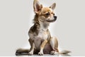 A chihuahua sits on a white background.