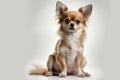 A chihuahua sits on a white background.