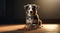 Dog sitting on the floor next to a bowl with dogfood in the house. Pets indoors. AI Generated Royalty Free Stock Photo