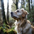 Dog Sitting in Forest, Observing Surroundings