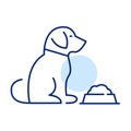 Dog sitting in front of a bowl full of food. Pet supplies icon. Pixel perfect, editable stroke line art Royalty Free Stock Photo